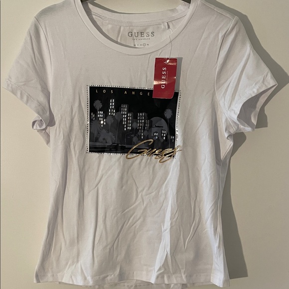 Guess White Tee with Gold and Black Graphic - Picture 1 of 4